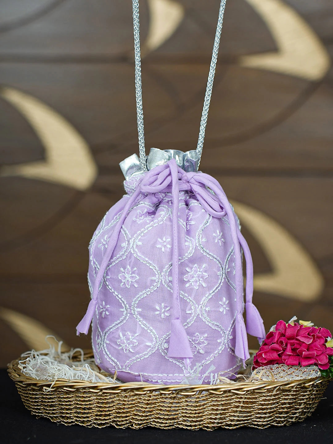 Ada Hand Embroidered Lavender Cotton Lucknowi Chikankari Potli Bag With Zari Work 01A938238