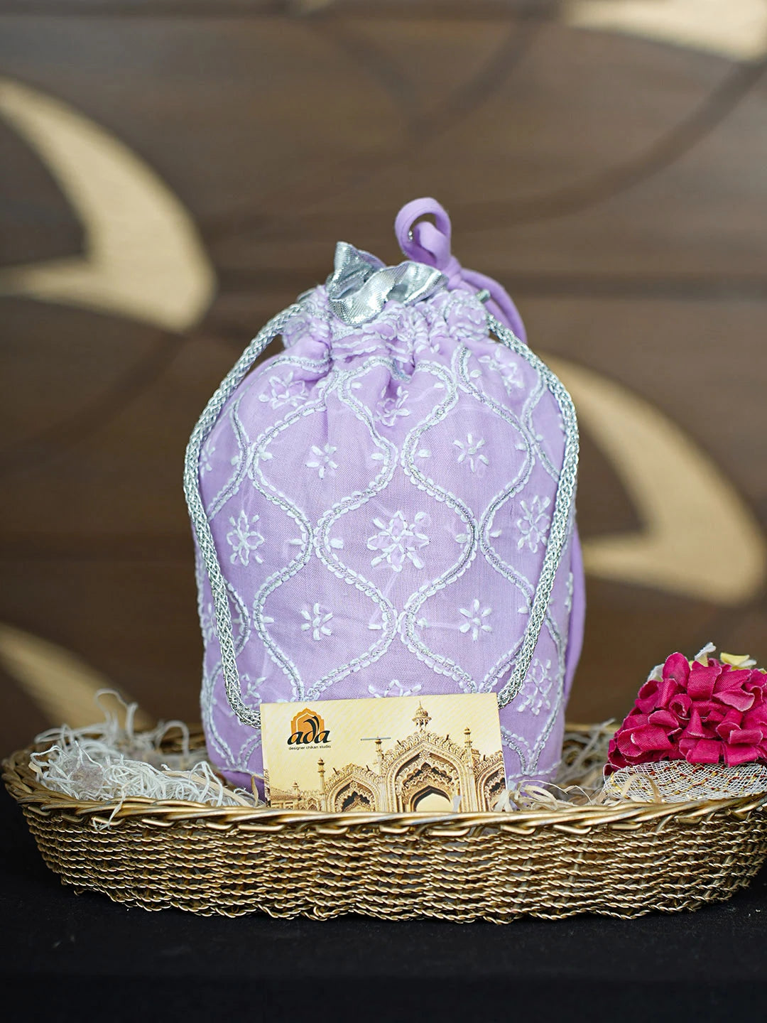 Ada Hand Embroidered Lavender Cotton Lucknowi Chikankari Potli Bag With Zari Work 01A938238