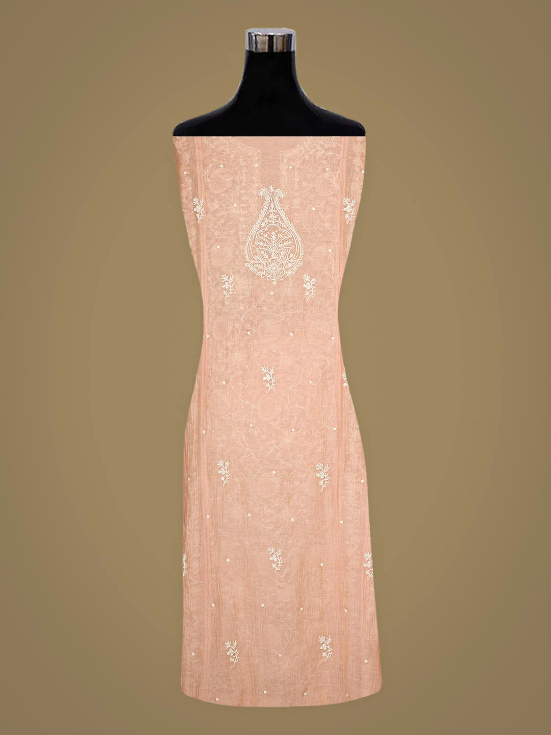 Ada Hand Embroidered Peach Chanderi Lucknowi Chikankari Semi-stitched Kurta Dupatta Set With Cutdana Work 01A764522