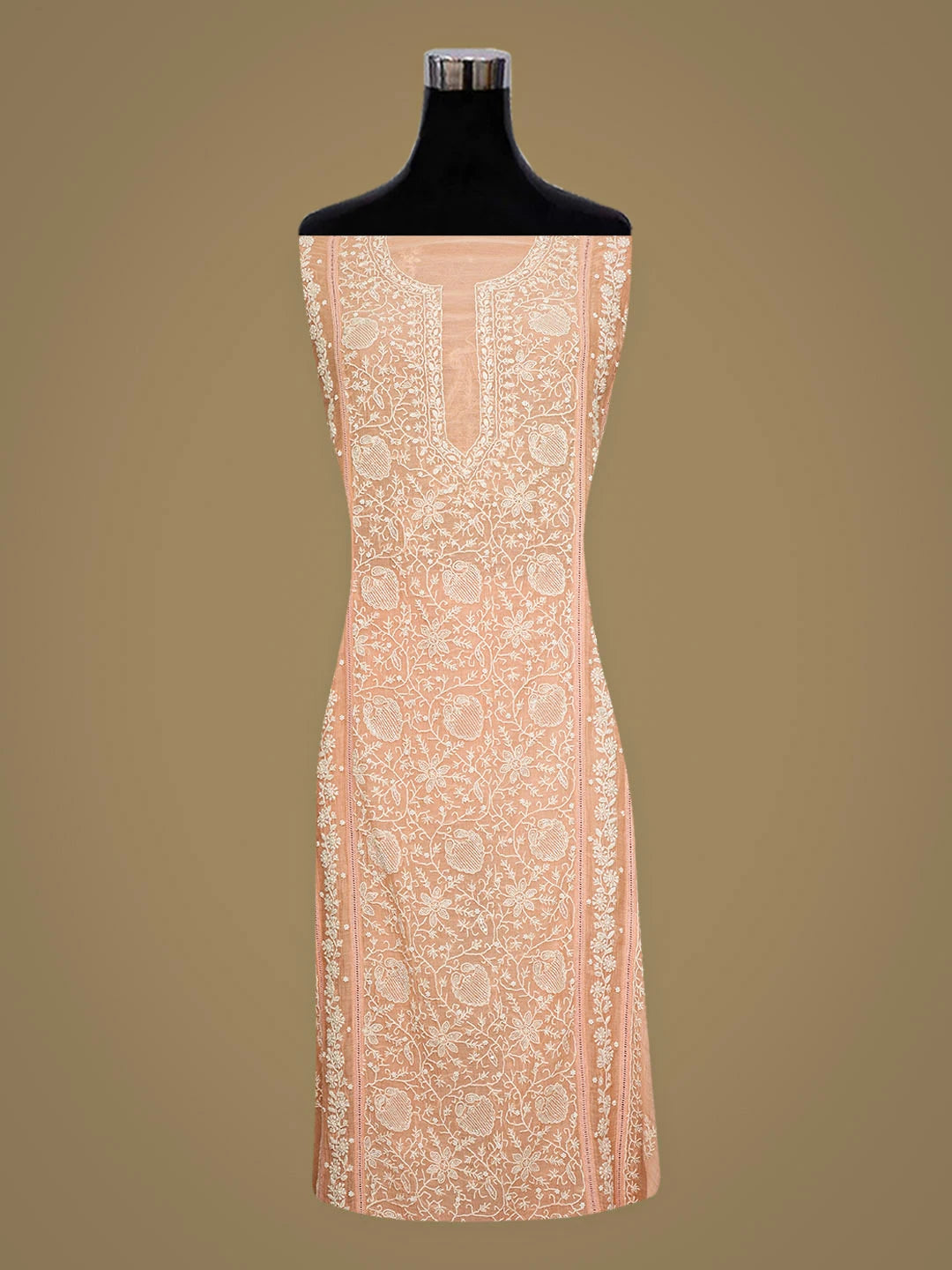Ada Hand Embroidered Peach Chanderi Lucknowi Chikankari Semi-stitched Kurta Dupatta Set With Cutdana Work 01A764522