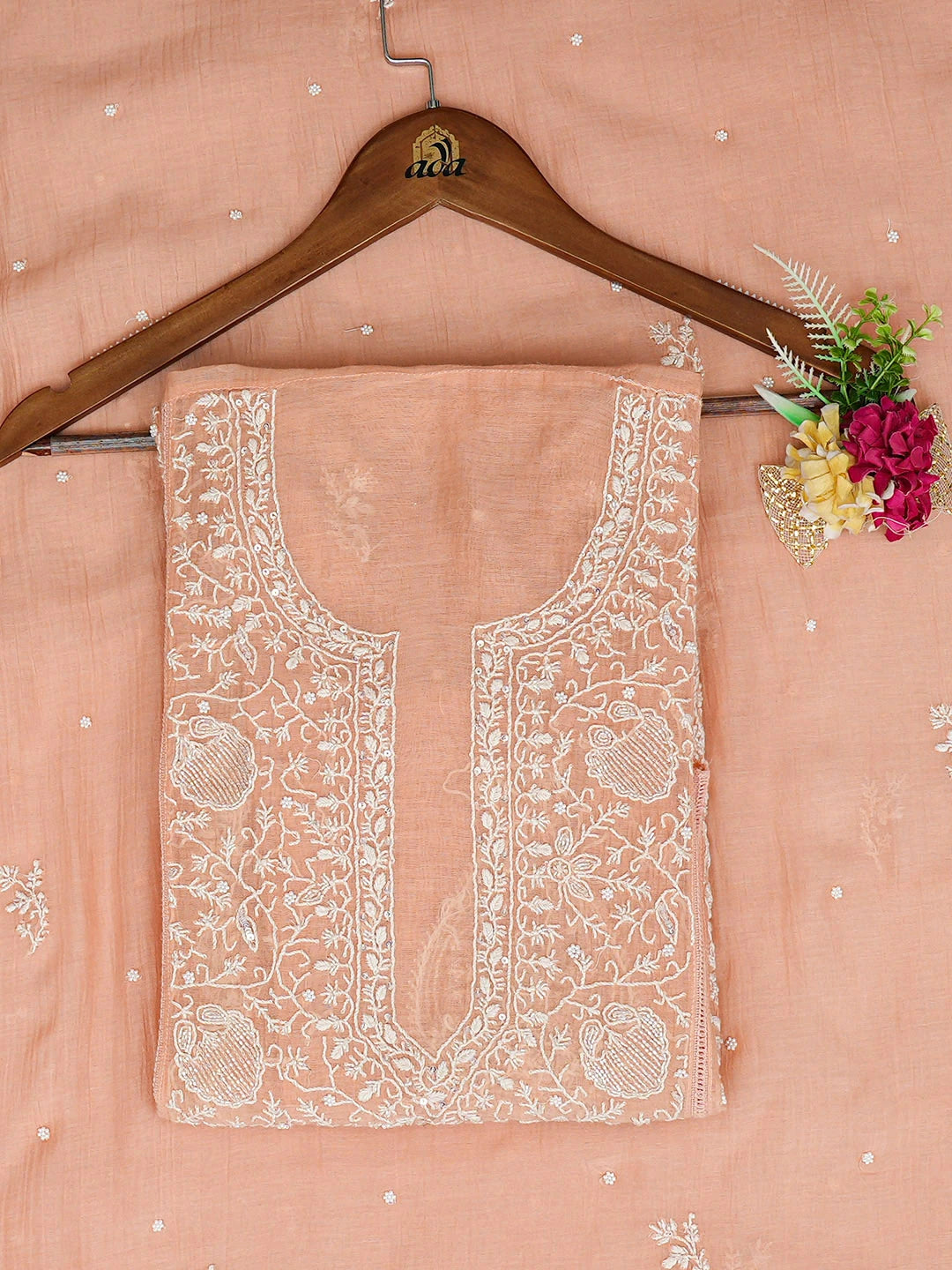 Ada Hand Embroidered Peach Chanderi Lucknowi Chikankari Semi-stitched Kurta Dupatta Set With Cutdana Work 01A764522