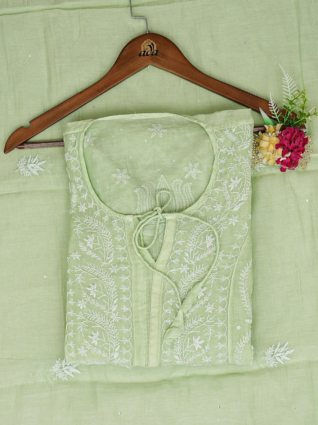 Ada Hand Embroidered Green Chanderi Lucknowi Chikankari Semi-stitched Kurta Dupatta Set With Cutdana Work 01A933020