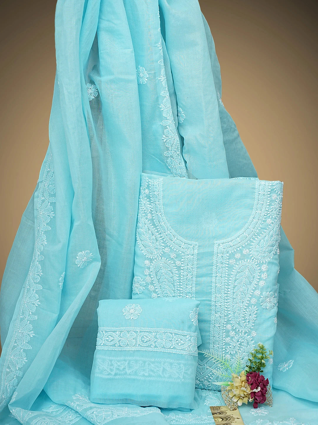 Ada Hand Embroidered Blue Cotton Lucknowi Chikankari Unstitched Suit Piece 01A896028