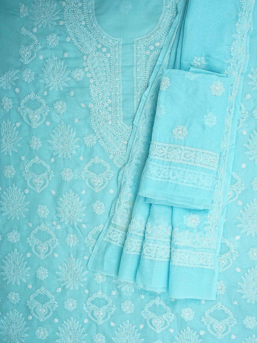 Ada Hand Embroidered Blue Cotton Lucknowi Chikankari Unstitched Suit Piece 01A896028