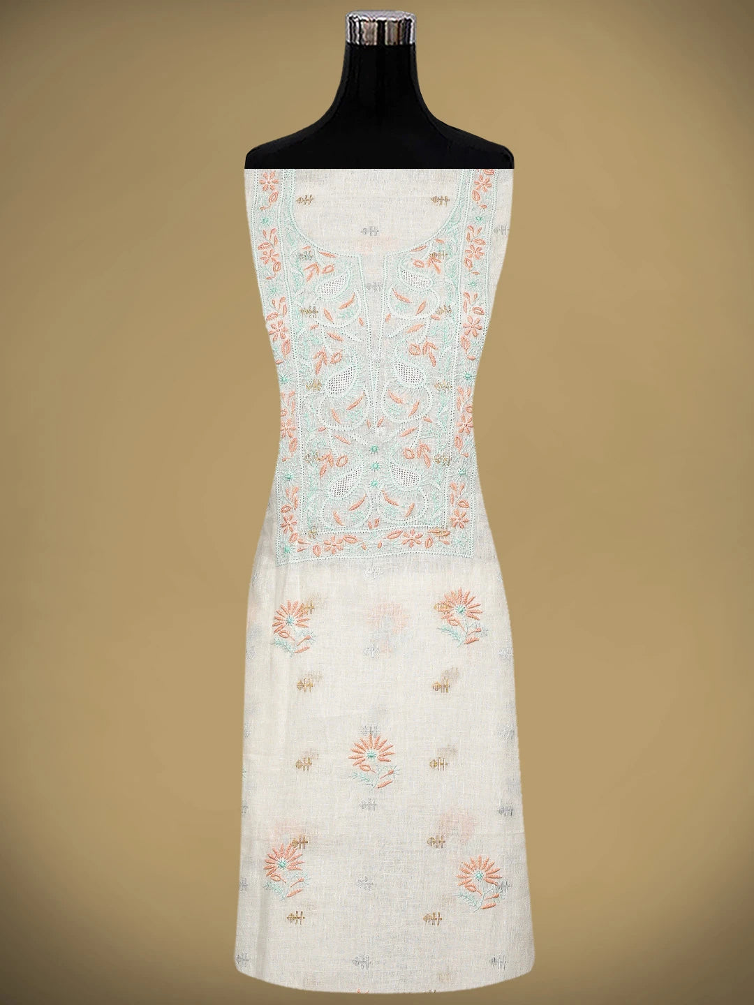 Ada Hand Embroidered White Ivory Cream  Linen Lucknowi Chikankari Unstitched Kurta Dupatta Set 01A917358