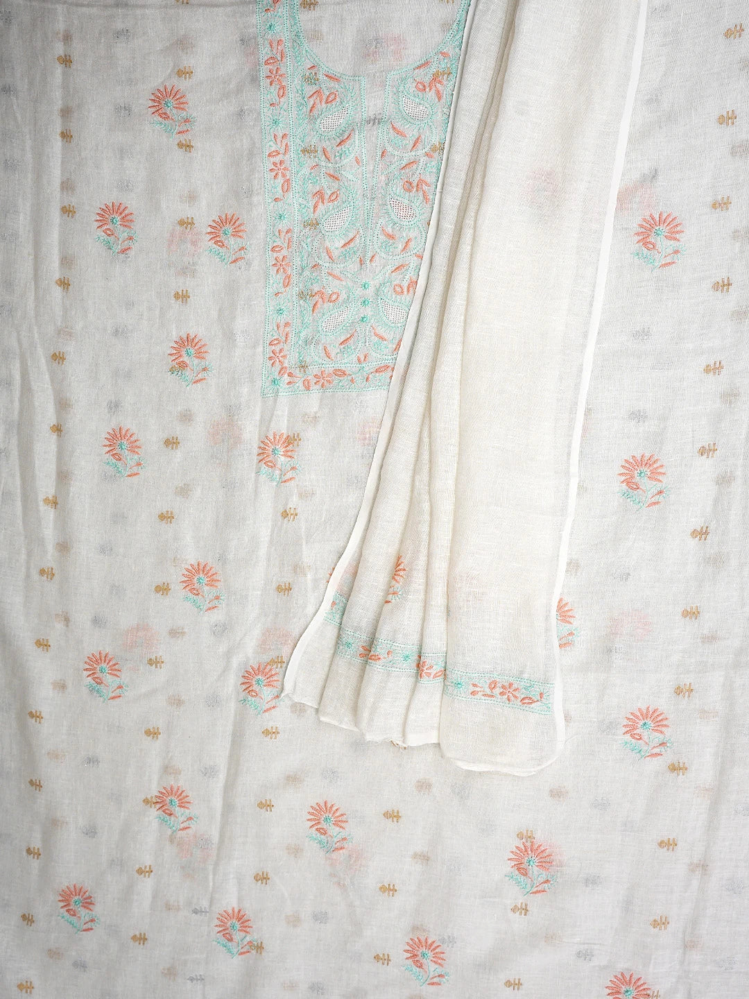 Ada Hand Embroidered White Ivory Cream  Linen Lucknowi Chikankari Unstitched Kurta Dupatta Set 01A917358