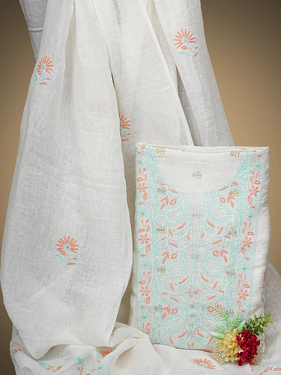 Ada Hand Embroidered White Ivory Cream  Linen Lucknowi Chikankari Unstitched Kurta Dupatta Set 01A917358