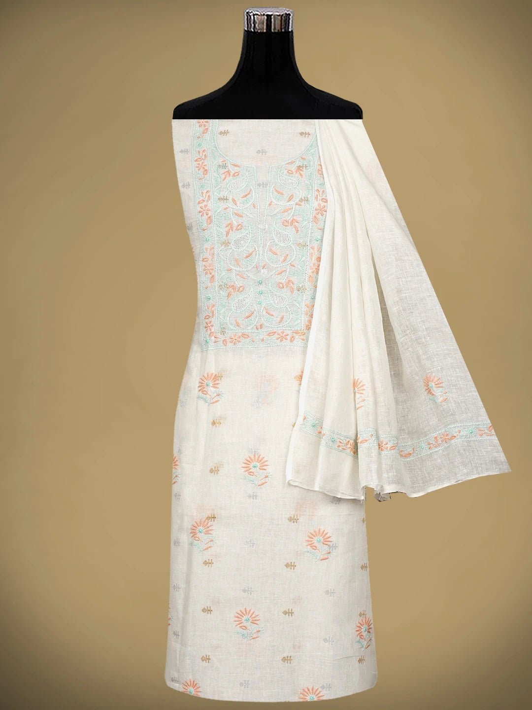 Ada Hand Embroidered White Ivory Cream  Linen Lucknowi Chikankari Unstitched Kurta Dupatta Set 01A917358