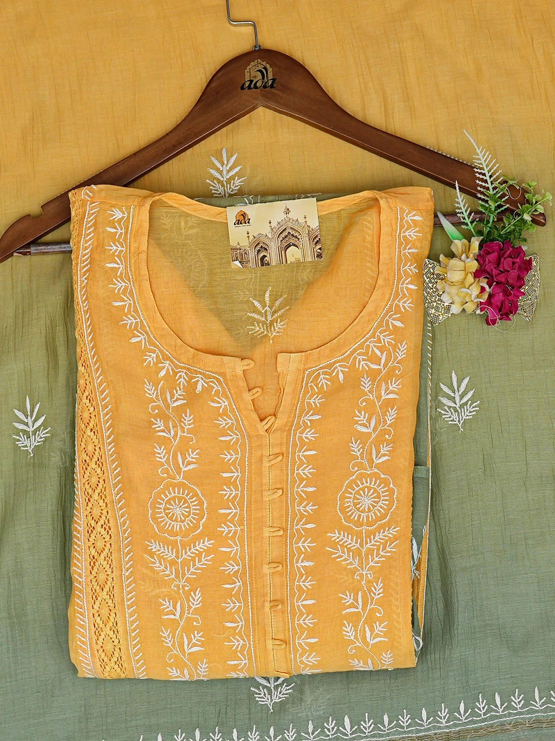 Ada Hand Embroidered Green Chanderi Lucknowi Chikankari Semi-stitched Kurta Dupatta Set 01A919286