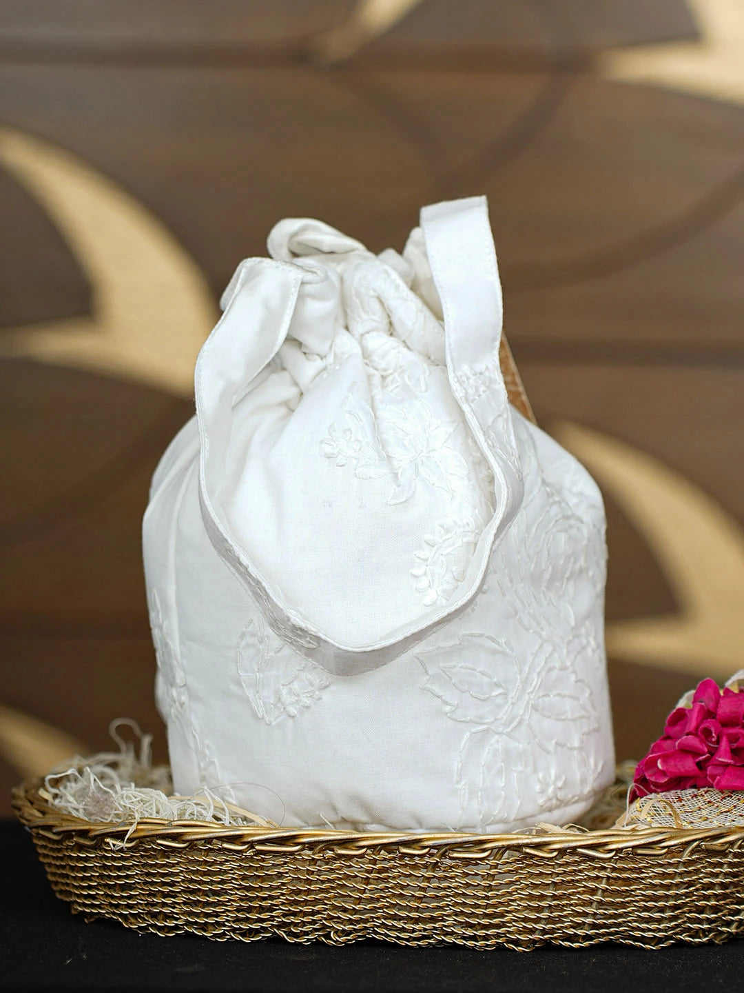 Ada Hand Embroidered White Cotton Lucknowi Chikankari Potli Bag 01A923047