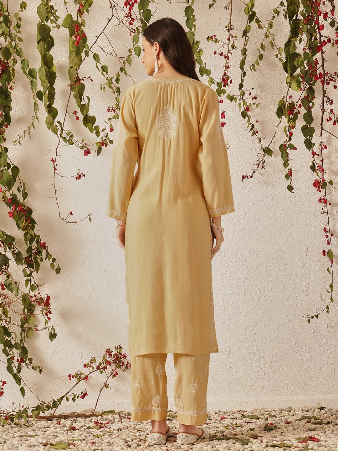 Ada Hand Embroidered Fawn Chanderi Lucknowi Chikankari Kurta Set A811378