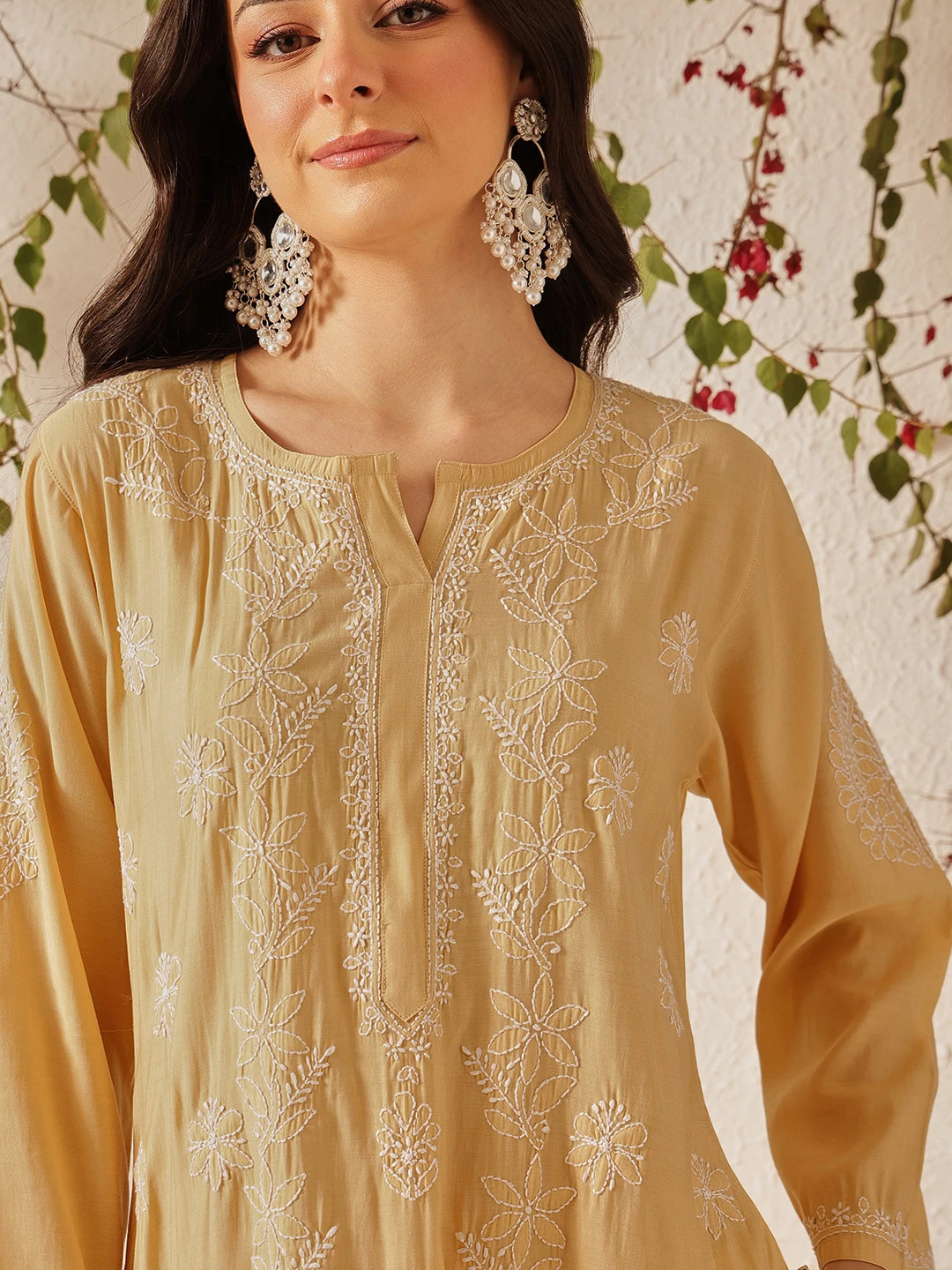 Ada Hand Embroidered Fawn Chanderi Lucknowi Chikankari Kurta Set A811378