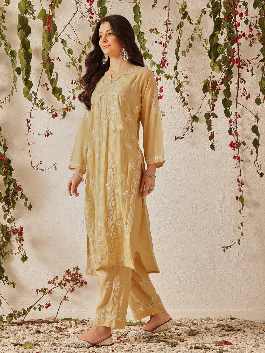 Ada Hand Embroidered Fawn Chanderi Lucknowi Chikankari Kurta Set A811378