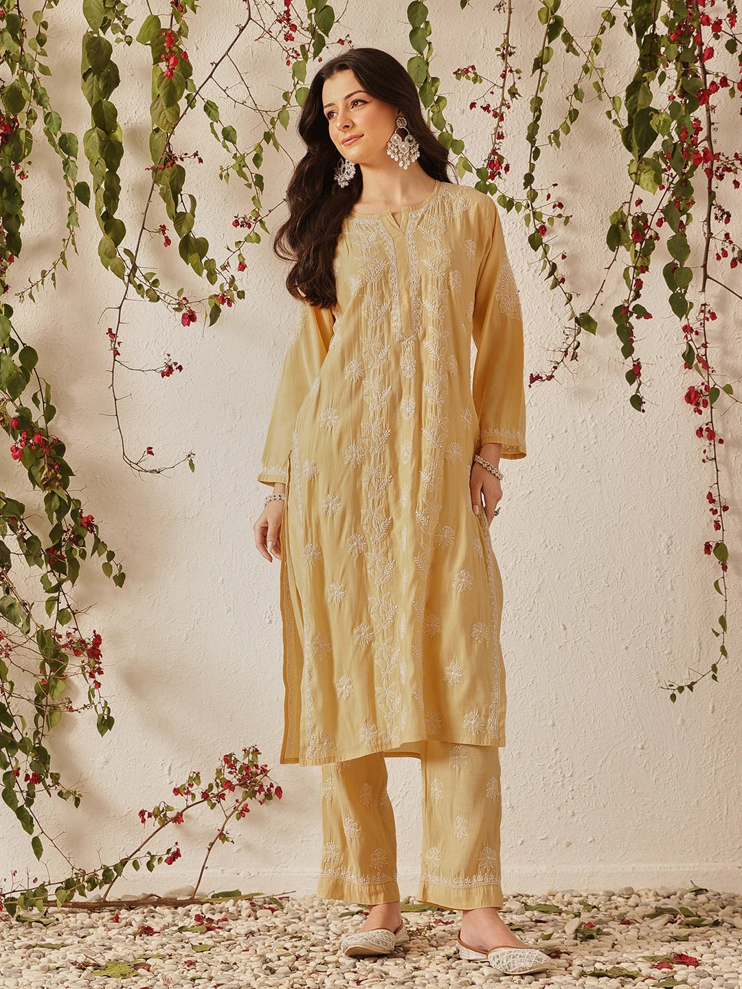 Ada Hand Embroidered Fawn Chanderi Lucknowi Chikankari Kurta Set A811378