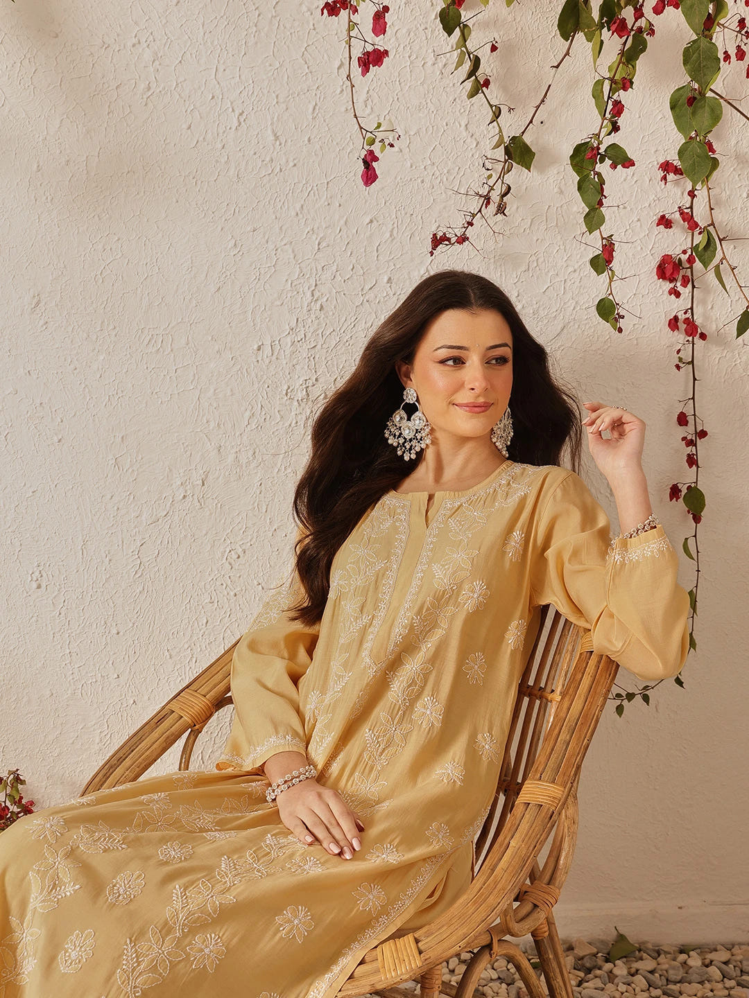 Ada Hand Embroidered Fawn Chanderi Lucknowi Chikankari Kurta Set A811378