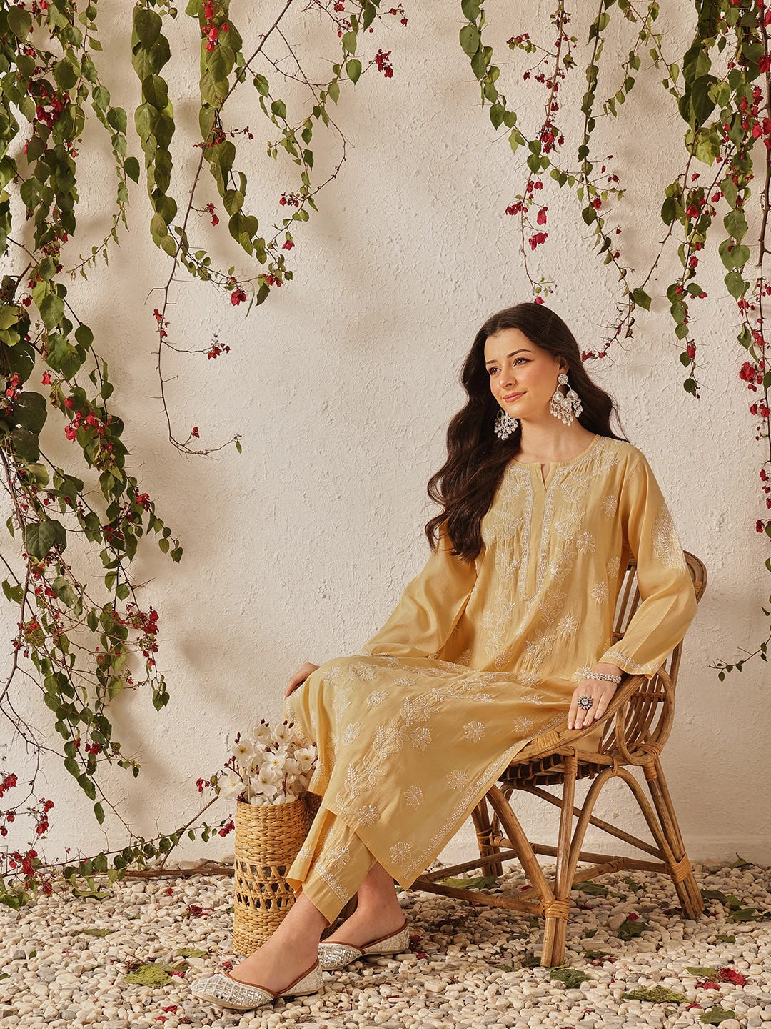Ada Hand Embroidered Fawn Chanderi Lucknowi Chikankari Kurta Set A811378