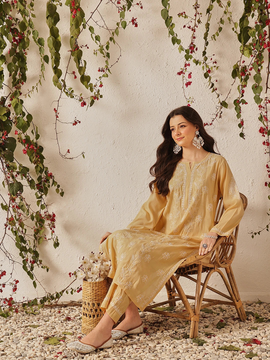 Ada Hand Embroidered Fawn Chanderi Lucknowi Chikankari Kurta Set A811378