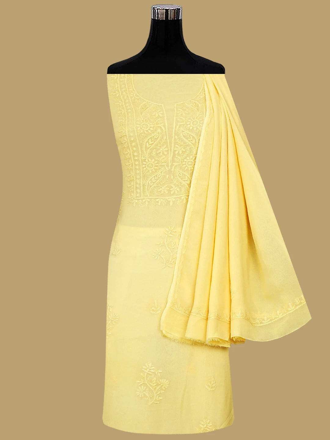 Ada Hand Embroidered Yellow Viscose Georgette Lucknowi Chikankari Unstitched Kurta Dupatta Set 01A810399