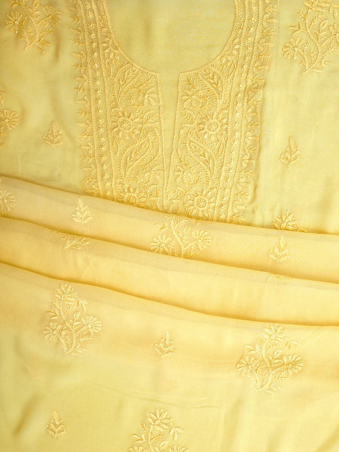 Ada Hand Embroidered Yellow Viscose Georgette Lucknowi Chikankari Unstitched Kurta Dupatta Set 01A810399