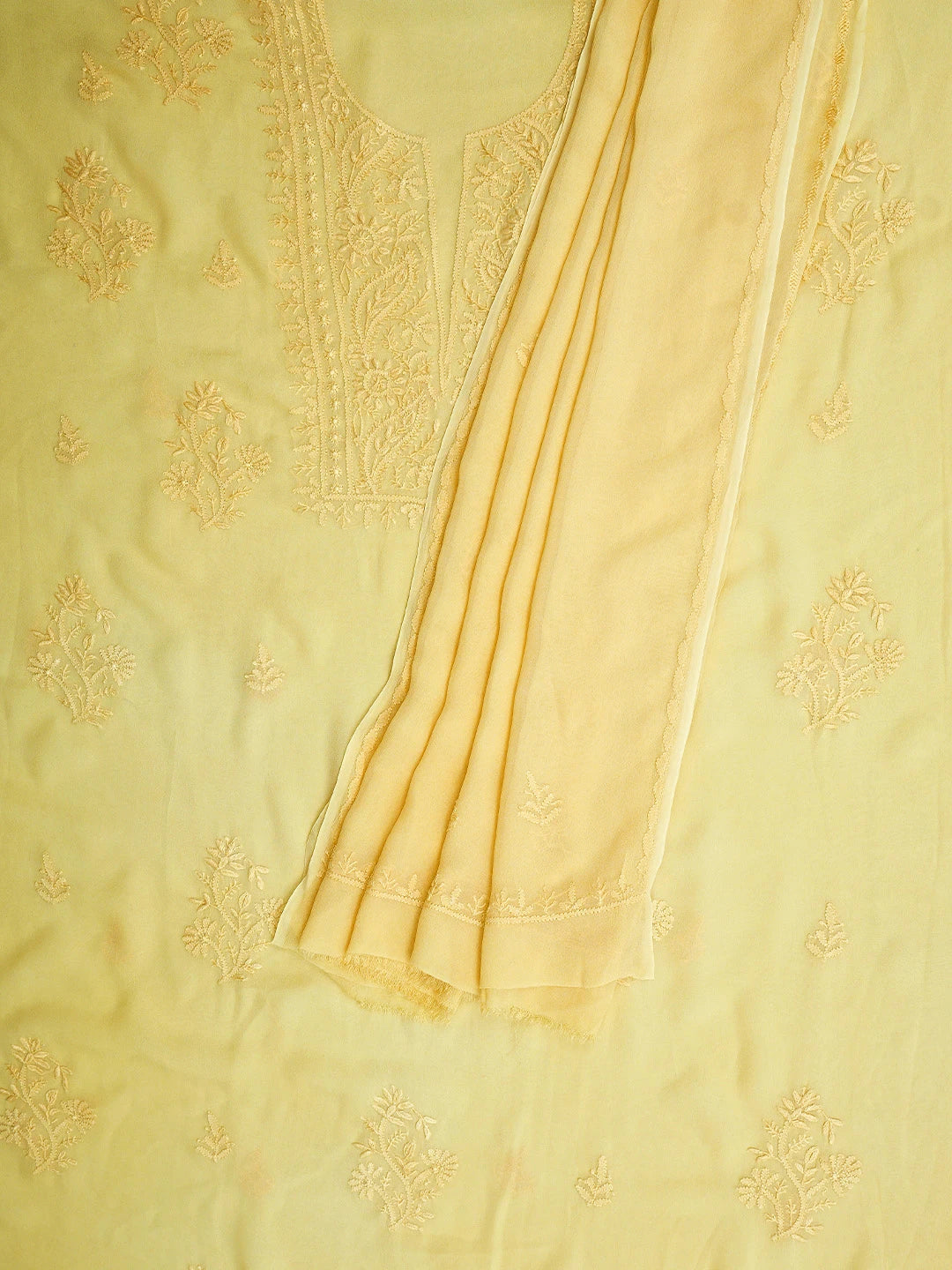 Ada Hand Embroidered Yellow Viscose Georgette Lucknowi Chikankari Unstitched Kurta Dupatta Set 01A810399