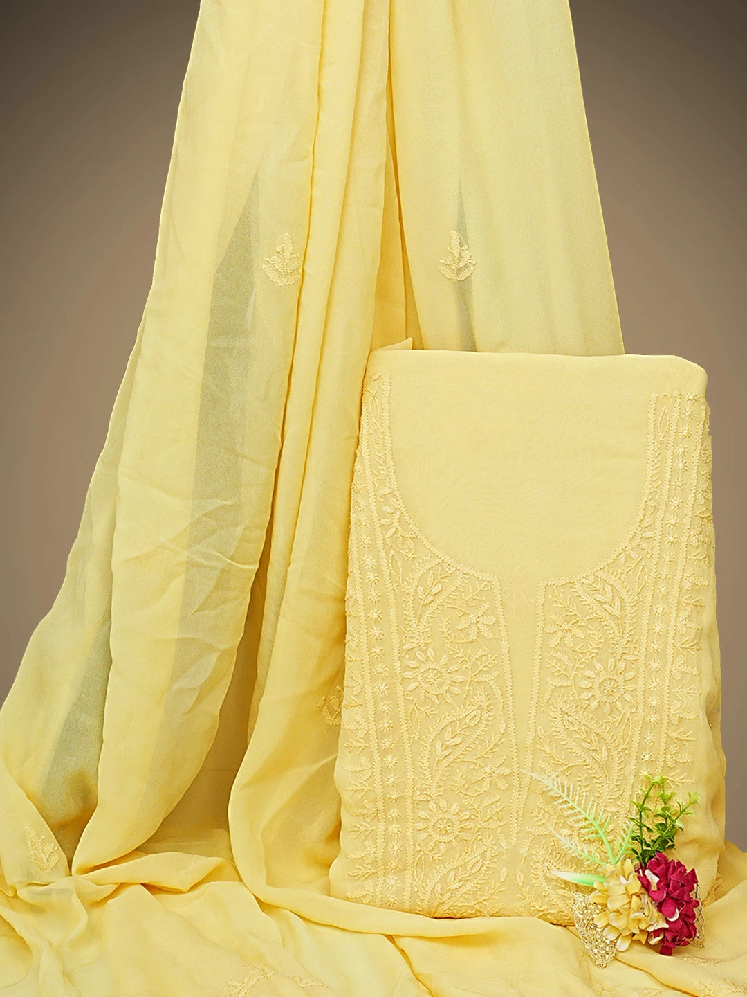 Ada Hand Embroidered Yellow Viscose Georgette Lucknowi Chikankari Unstitched Kurta Dupatta Set 01A810399