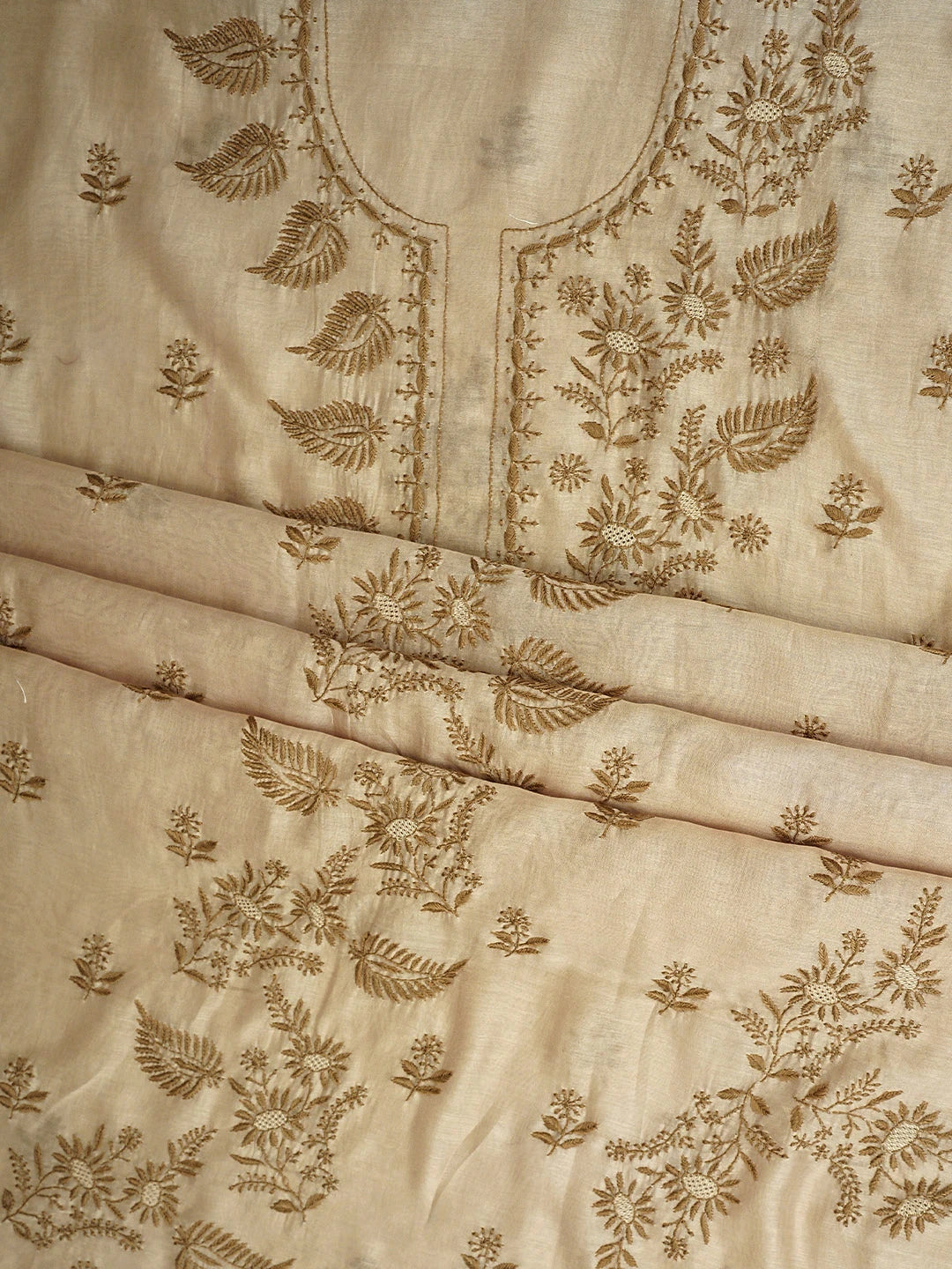 Ada Hand Embroidered Camel Brown Chanderi Lucknowi Chikankari Unstitched Kurta Dupatta Set 01A944071