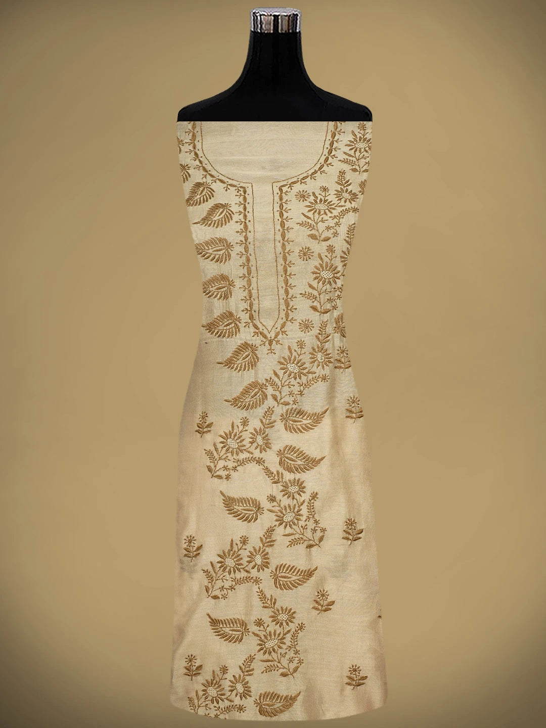 Ada Hand Embroidered Camel Brown Chanderi Lucknowi Chikankari Unstitched Kurta Dupatta Set 01A944071