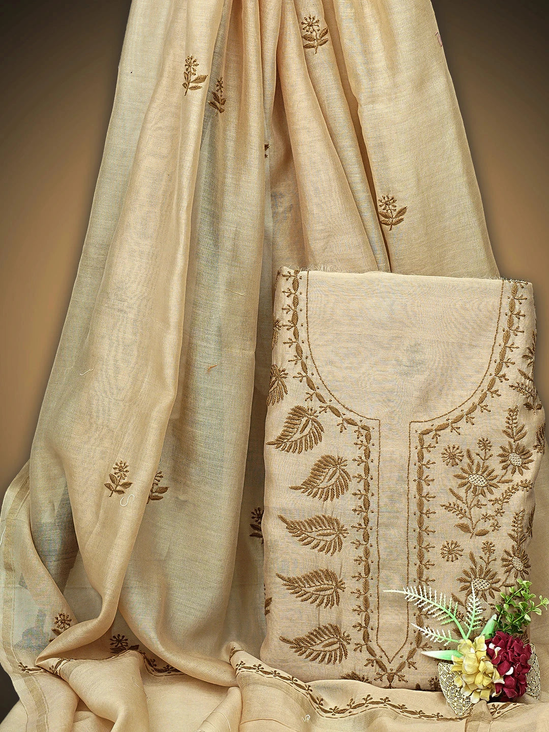 Ada Hand Embroidered Camel Brown Chanderi Lucknowi Chikankari Unstitched Kurta Dupatta Set 01A944071