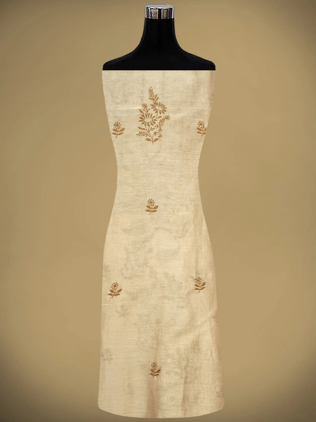 Ada Hand Embroidered Camel Brown Chanderi Lucknowi Chikankari Unstitched Kurta Dupatta Set 01A944071
