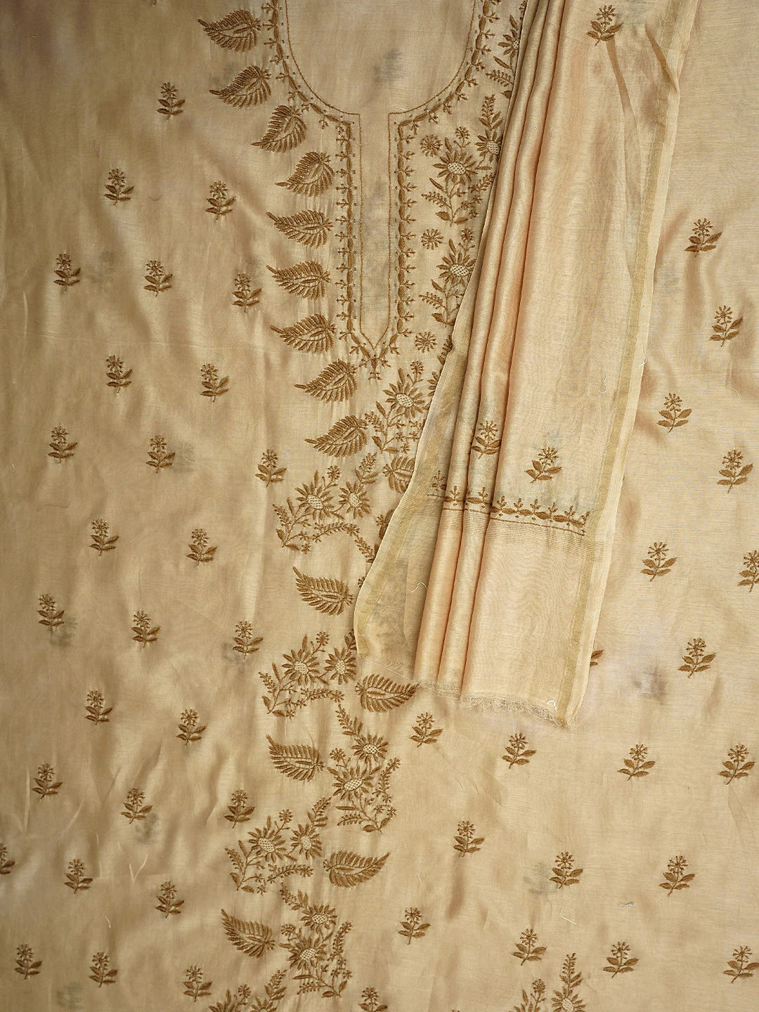 Ada Hand Embroidered Camel Brown Chanderi Lucknowi Chikankari Unstitched Kurta Dupatta Set 01A944071