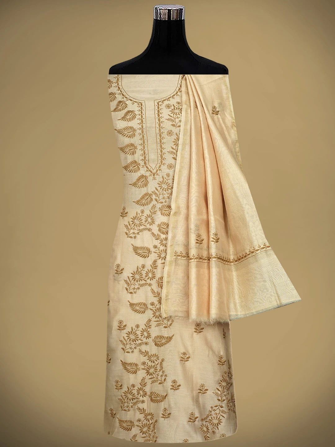 Ada Hand Embroidered Camel Brown Chanderi Lucknowi Chikankari Unstitched Kurta Dupatta Set 01A944071