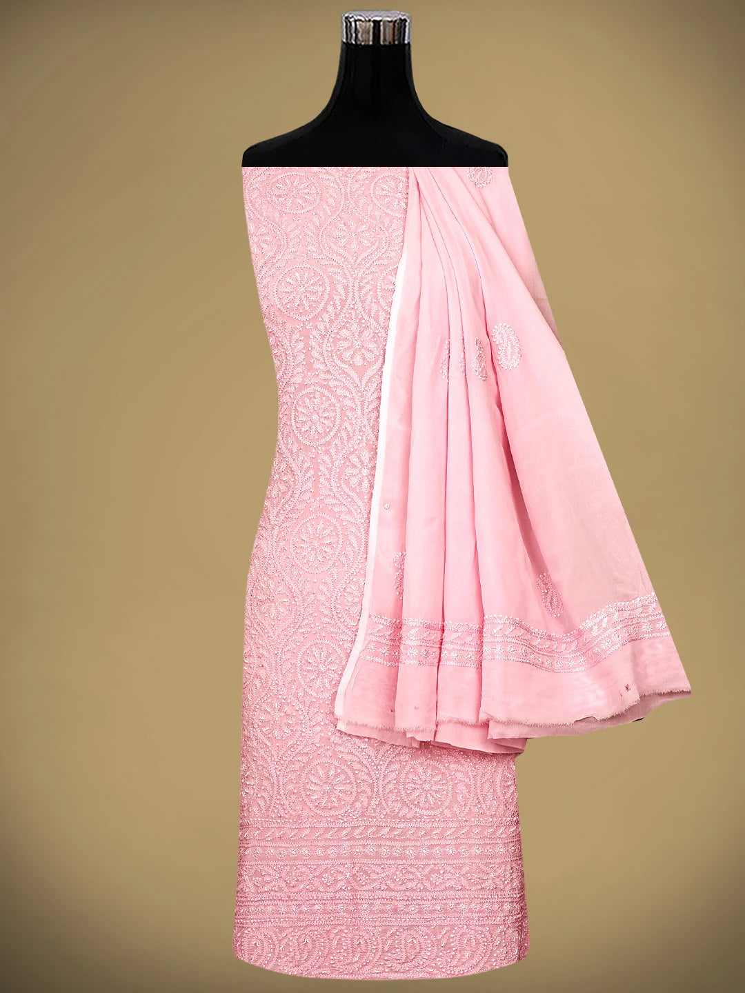 Ada Hand Embroidered Pink Viscose Georgette Lucknowi Chikankari Unstitched Kurta Dupatta Set With Cutdana Work 01A933560