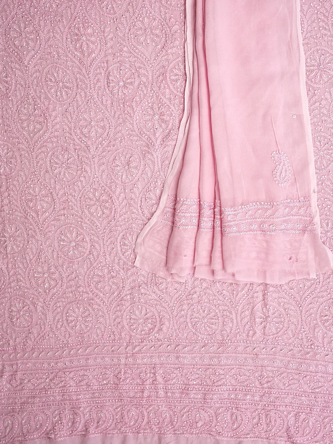 Ada Hand Embroidered Pink Viscose Georgette Lucknowi Chikankari Unstitched Kurta Dupatta Set With Cutdana Work 01A933560