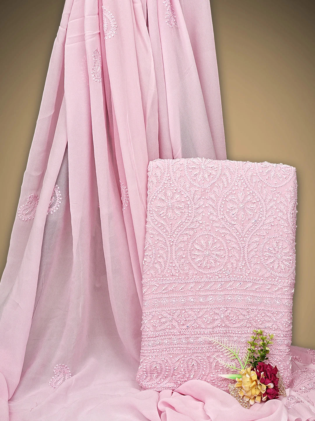 Ada Hand Embroidered Pink Viscose Georgette Lucknowi Chikankari Unstitched Kurta Dupatta Set With Cutdana Work 01A933560