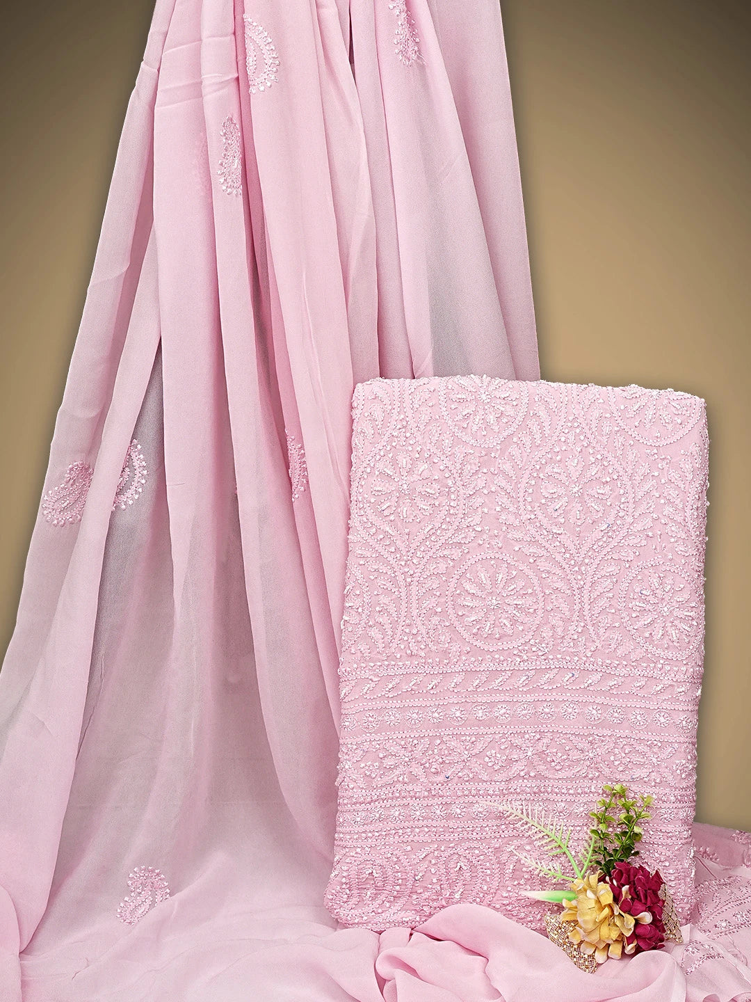 Ada Hand Embroidered Pink Viscose Georgette Lucknowi Chikankari Unstitched Kurta Dupatta Set With Cutdana Work 01A933560
