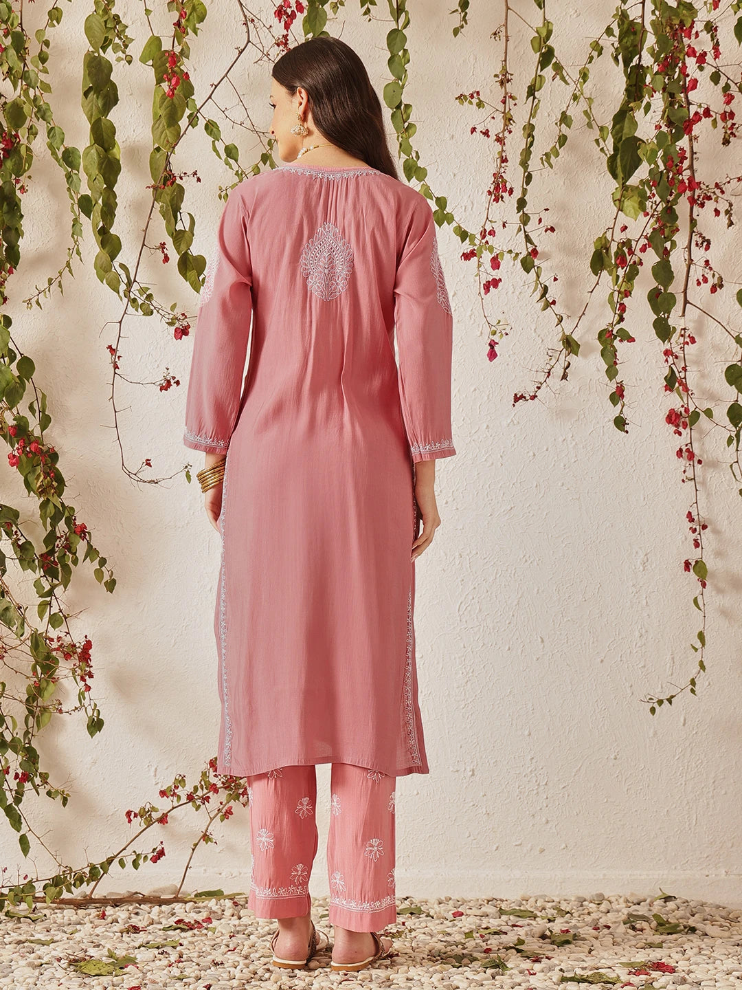 Ada Hand Embroidered Onion Pink Chanderi Lucknowi Chikankari Kurta Set A811379