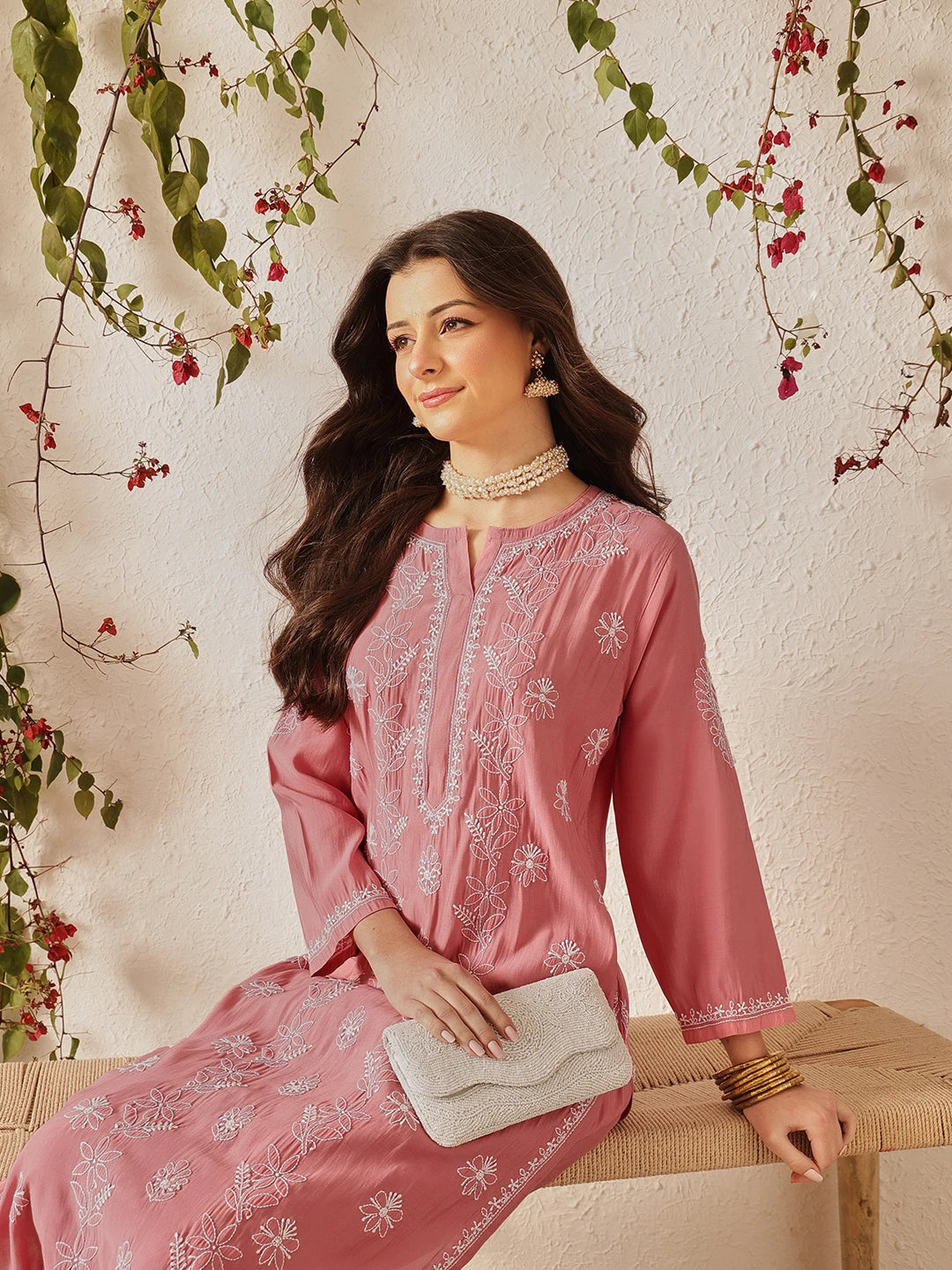 Ada Hand Embroidered Onion Pink Chanderi Lucknowi Chikankari Kurta Set A811379