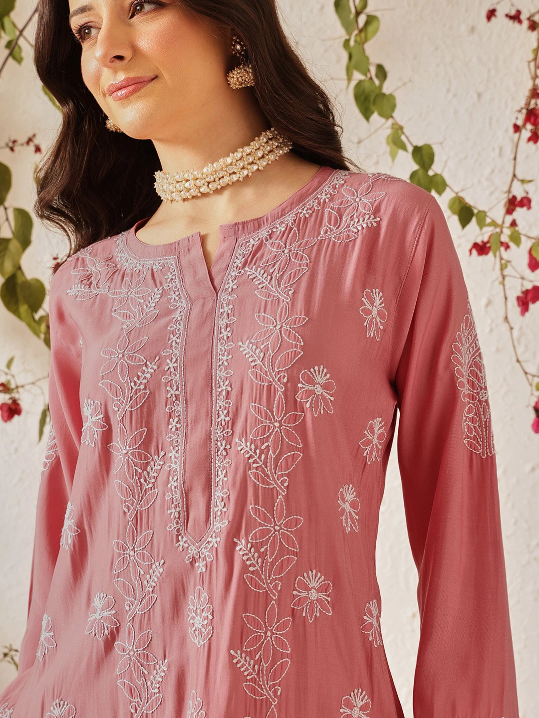 Ada Hand Embroidered Onion Pink Chanderi Lucknowi Chikankari Kurta Set A811379