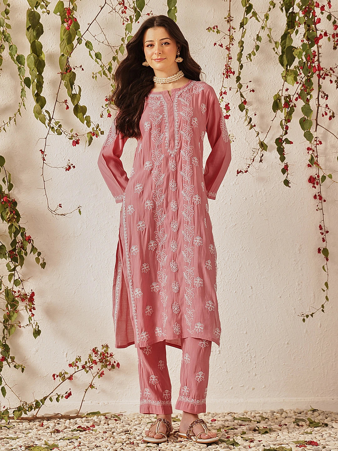 Ada Hand Embroidered Onion Pink Chanderi Lucknowi Chikankari Kurta Set A811379
