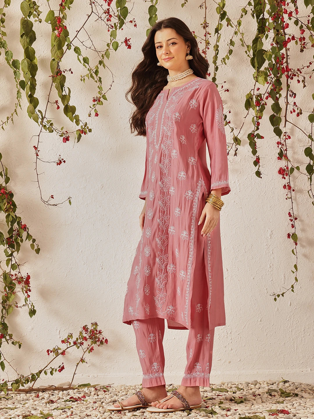 Ada Hand Embroidered Onion Pink Chanderi Lucknowi Chikankari Kurta Set A811379