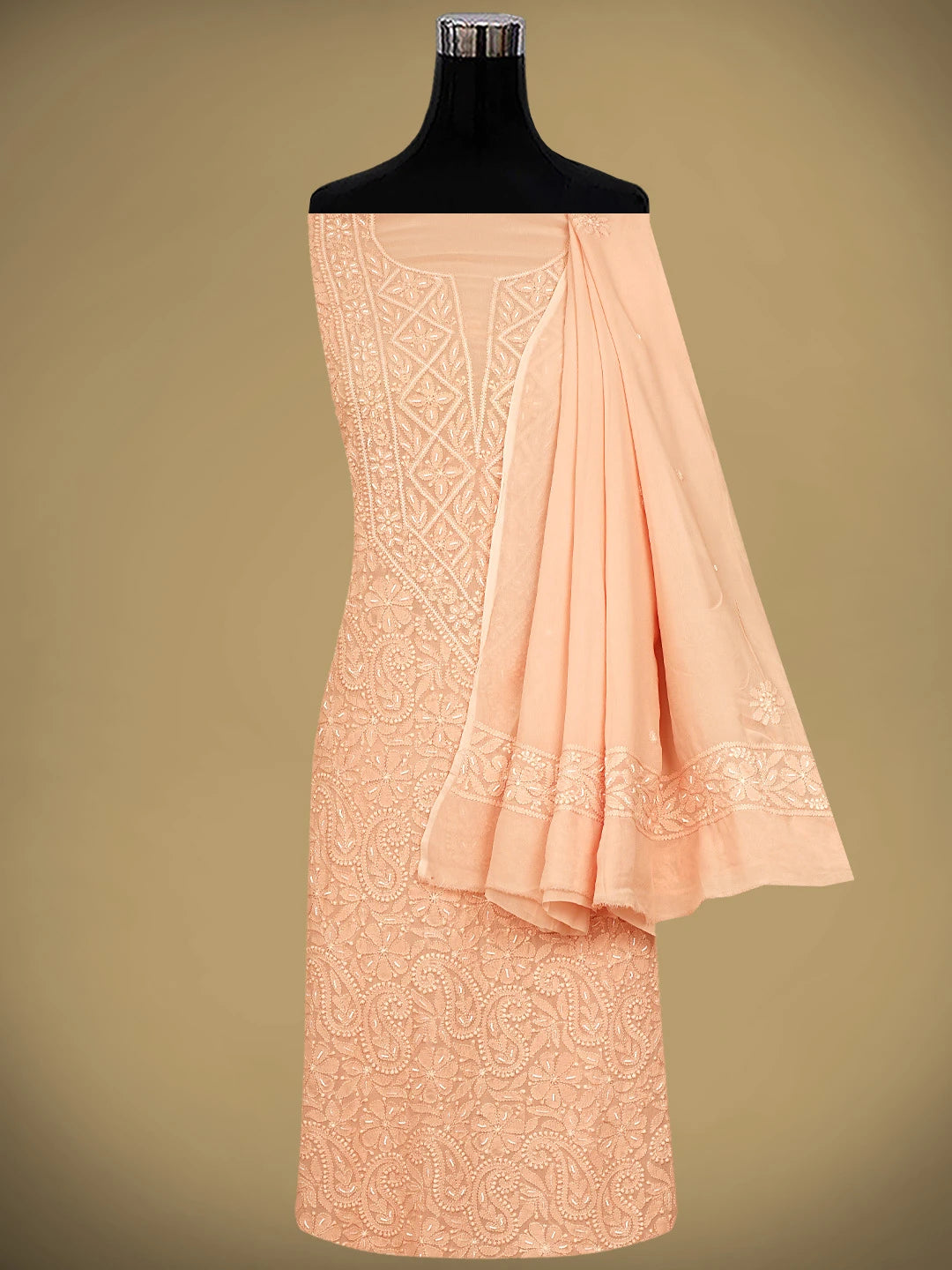 Ada Hand Embroidered Peach Viscose Georgette Lucknowi Chikankari Unstitched Kurta Dupatta Set With Cutdana Work 01A893624