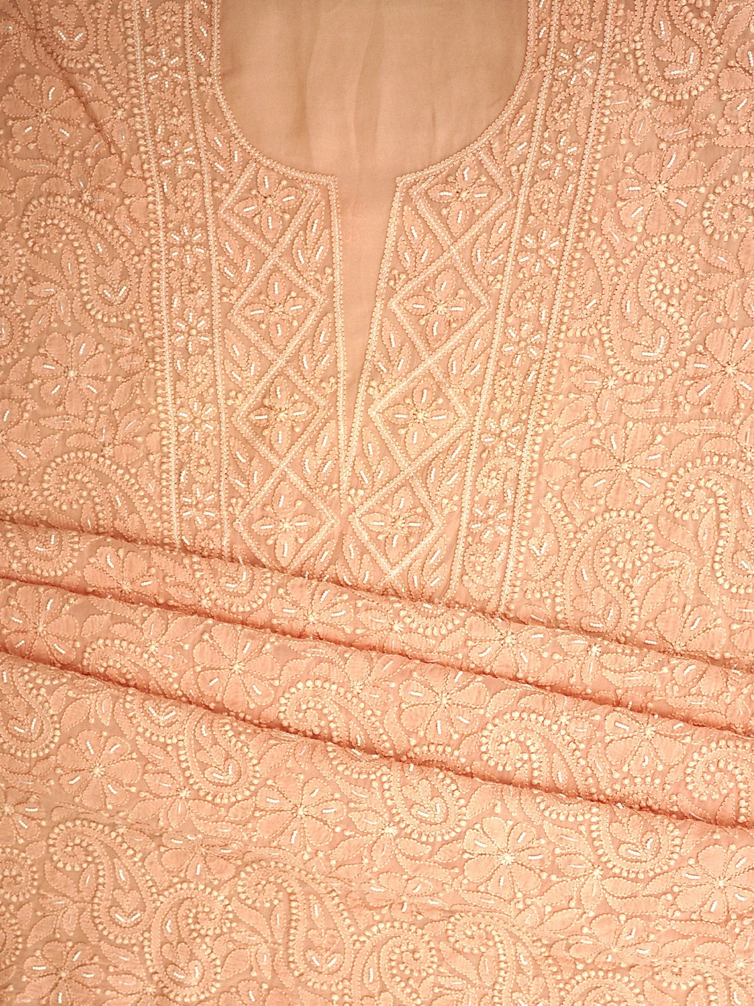 Ada Hand Embroidered Peach Viscose Georgette Lucknowi Chikankari Unstitched Kurta Dupatta Set With Cutdana Work 01A893624