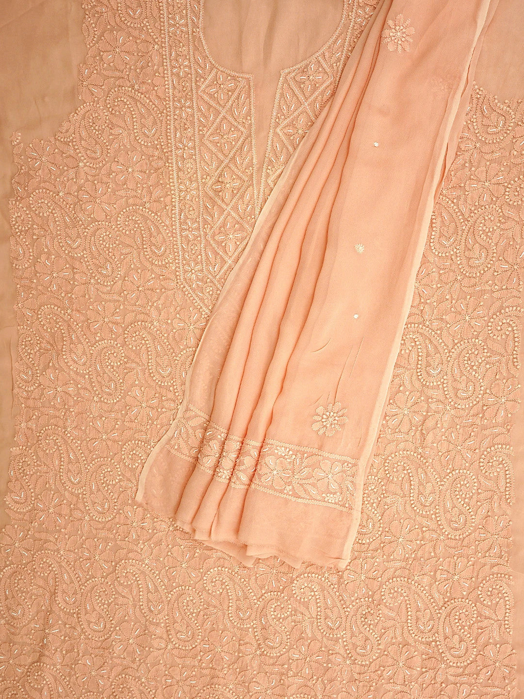 Ada Hand Embroidered Peach Viscose Georgette Lucknowi Chikankari Unstitched Kurta Dupatta Set With Cutdana Work 01A893624