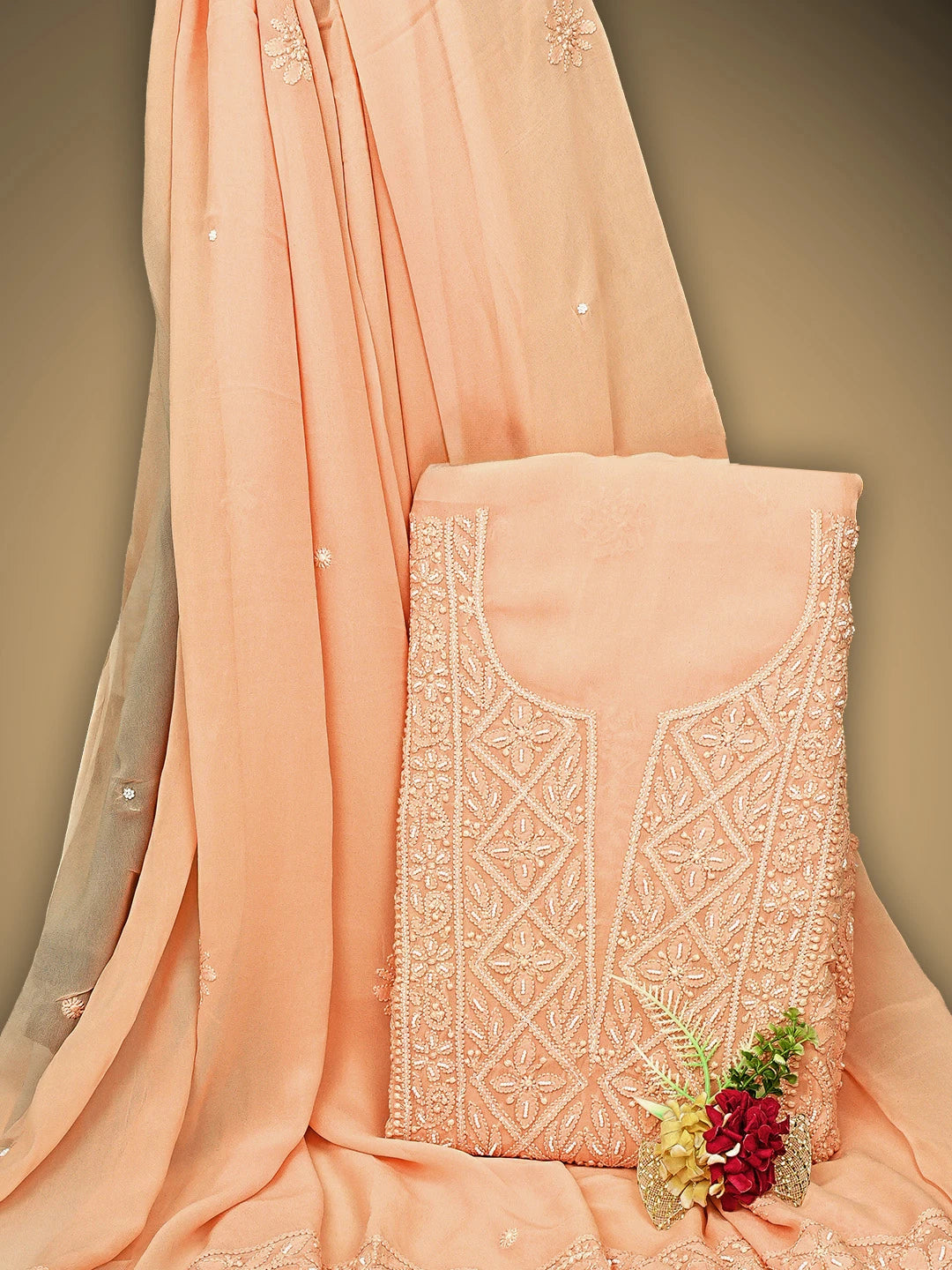 Ada Hand Embroidered Peach Viscose Georgette Lucknowi Chikankari Unstitched Kurta Dupatta Set With Cutdana Work 01A893624