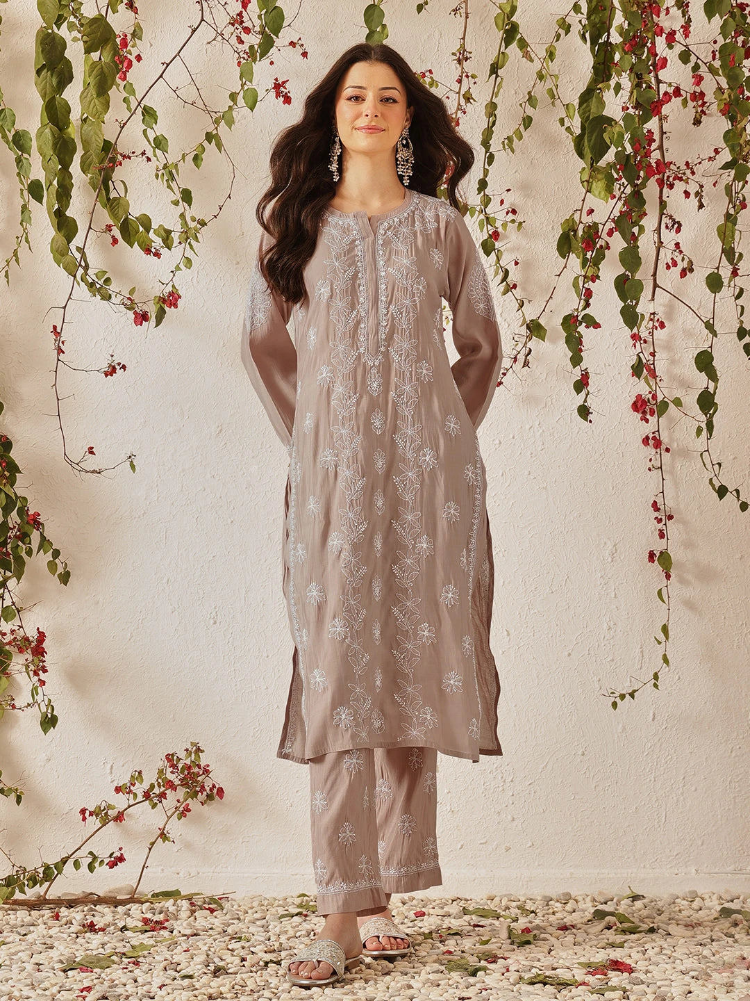 Ada Hand Embroidered Dusty Peach Chanderi Lucknowi Chikankari Kurta Set A811380
