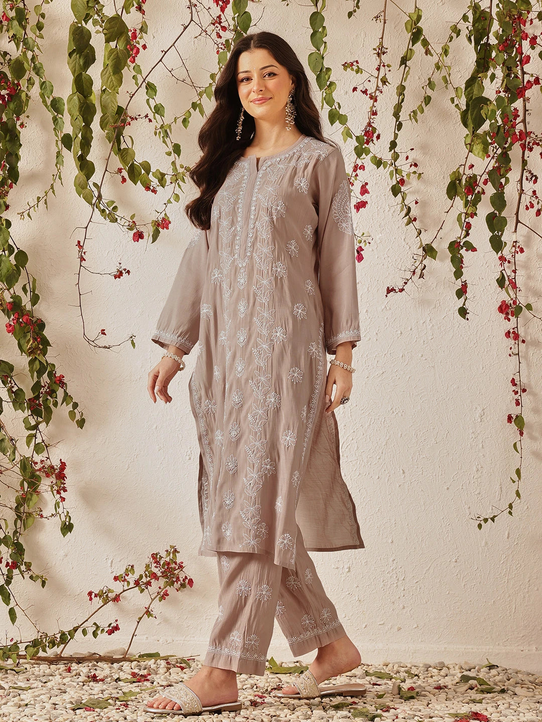 Ada Hand Embroidered Dusty Peach Chanderi Lucknowi Chikankari Kurta Set A811380