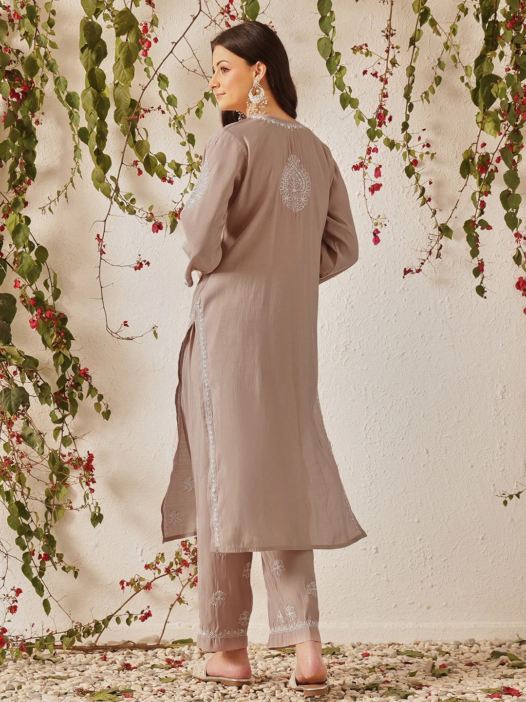 Ada Hand Embroidered Dusty Peach Chanderi Lucknowi Chikankari Kurta Set A811380