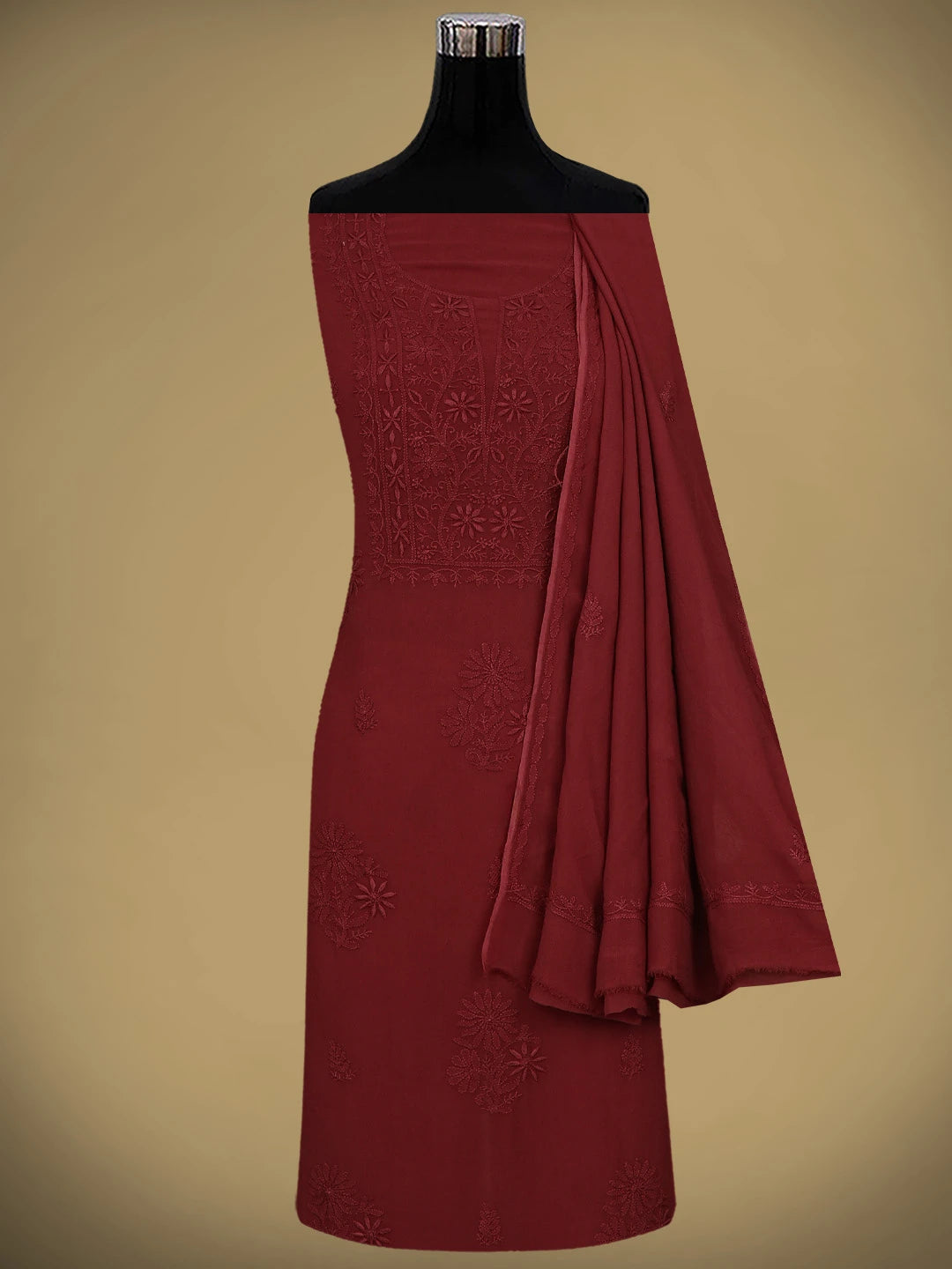 Ada Hand Embroidered Maroon Viscose Georgette Lucknowi Chikankari Unstitched Kurta Dupatta 01A810429