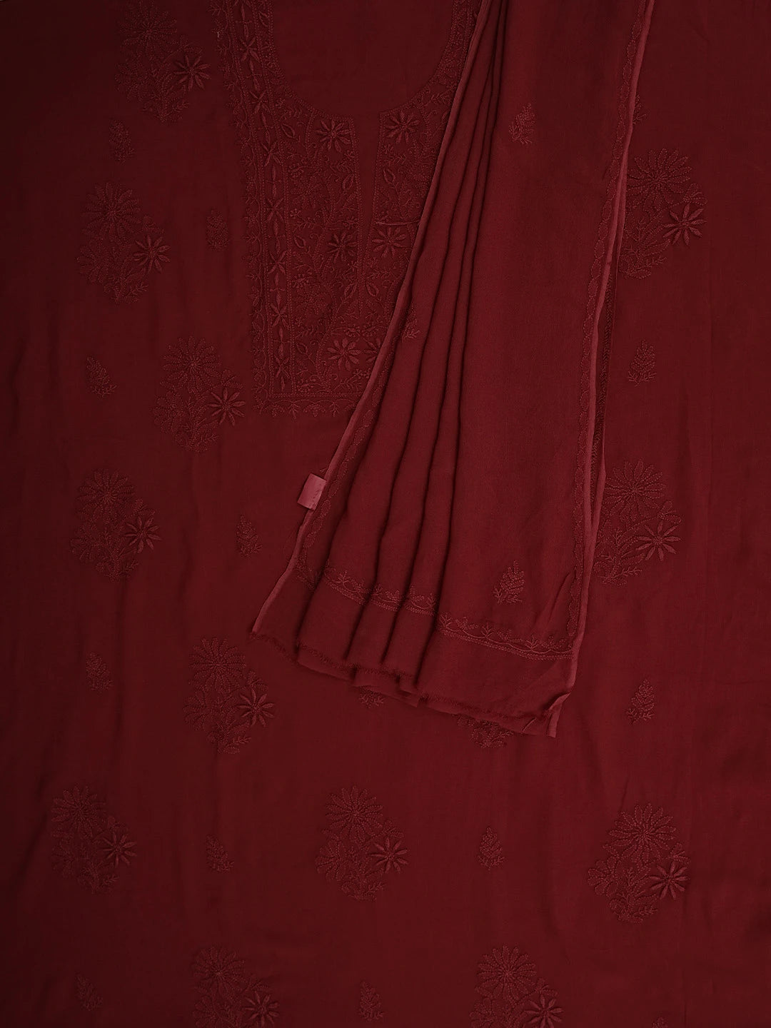 Ada Hand Embroidered Maroon Viscose Georgette Lucknowi Chikankari Unstitched Kurta Dupatta 01A810429