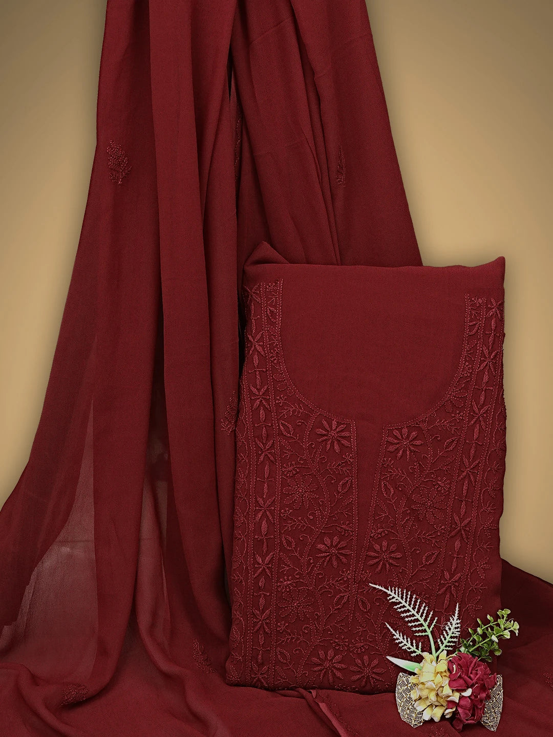 Ada Hand Embroidered Maroon Viscose Georgette Lucknowi Chikankari Unstitched Kurta Dupatta 01A810429